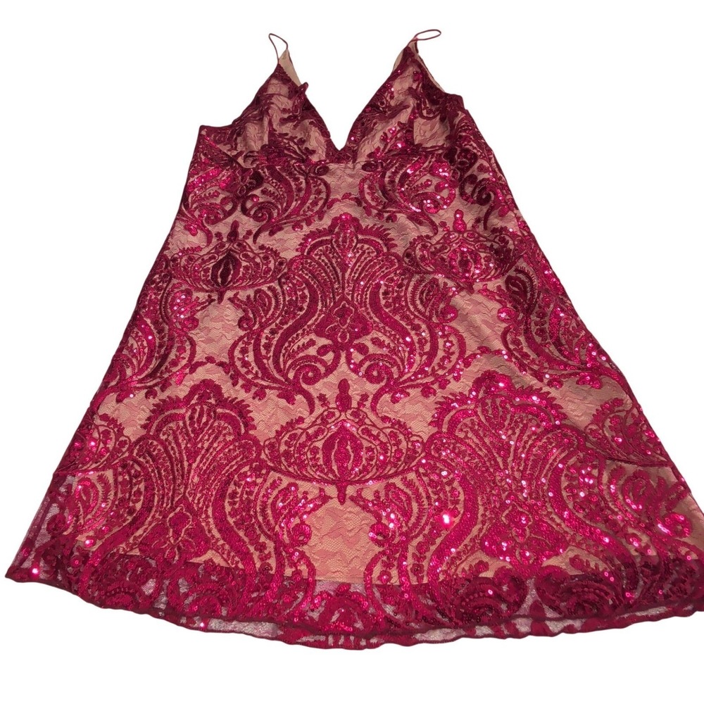 Free People Pink/Red Sequin Damask Lace Mini Dress Magenta V-Neck Size 12